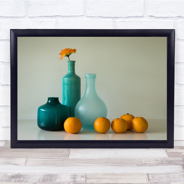 Oranges Vases Flower Still Life minimal blue Wall Art Print