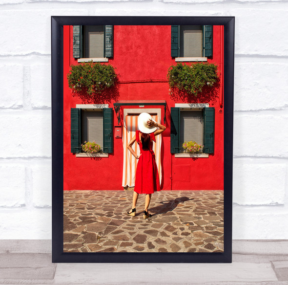Red House Facade Woman Hat Pose Dress Street Wall Art Print