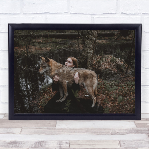 Woman and Dog Lake Autumn Fallen Leaves Cute Wall Art Print