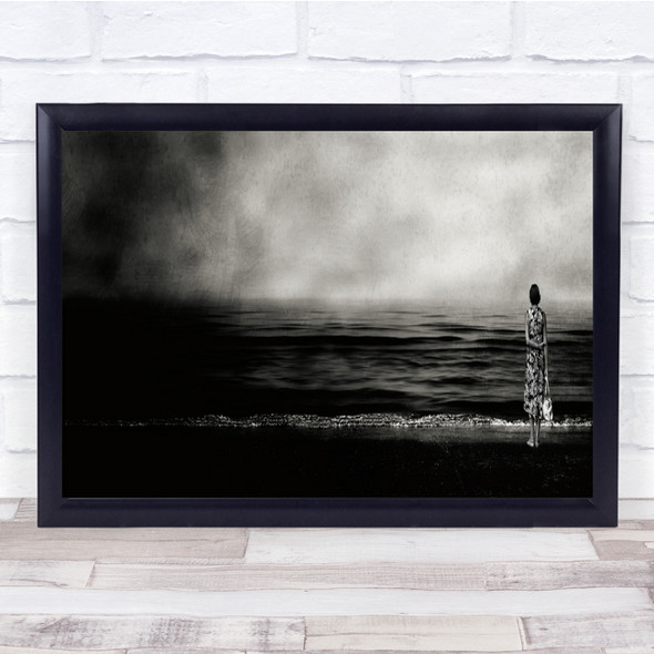 Woman Ocean Beach Gloomy Black & White Alone Wall Art Print