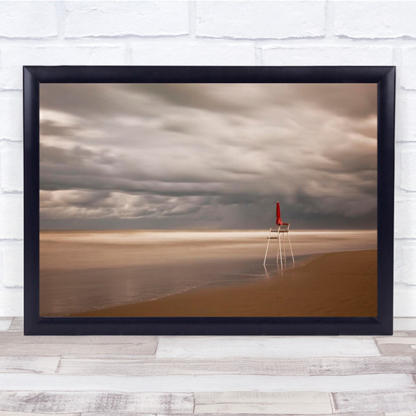 Beach Chair Parasol Simple Landscape Cloudy Wall Art Print