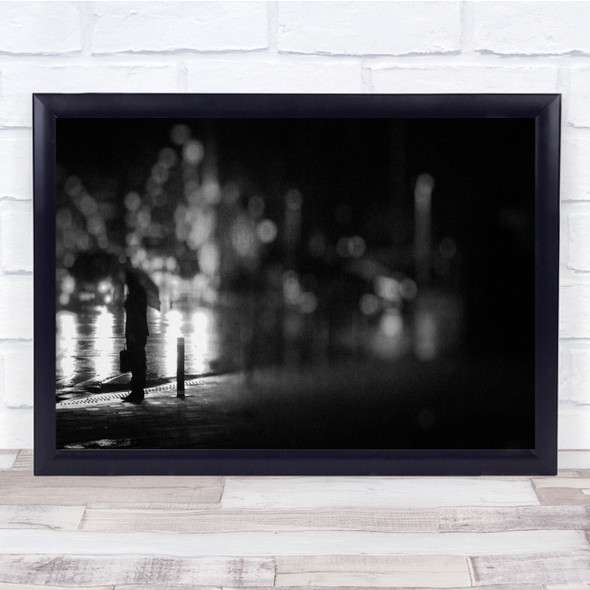 Black and white Night Rain Alone Man Street Wall Art Print