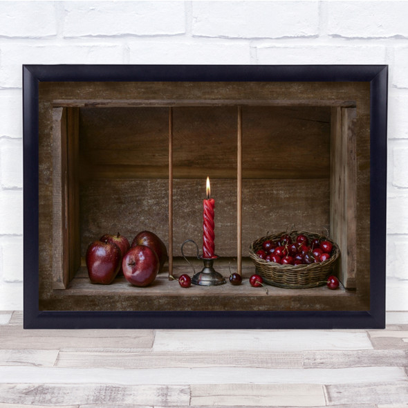 Christmas Card Red fruity apples and candle Wall Art Print