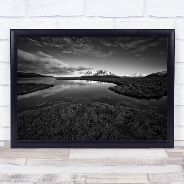 landscape lake field black and white Clouds Wall Art Print