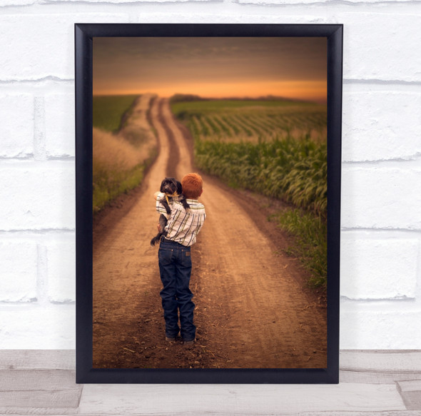 Little boy and dog muddy path fields sunset Wall Art Print