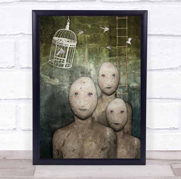 strange stone face people bird cage surreal Wall Art Print