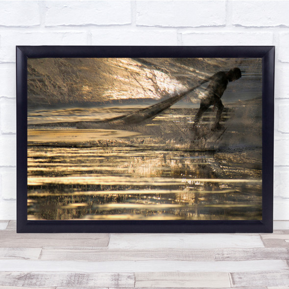 Sunlight on sea man walking net beach water Wall Art Print