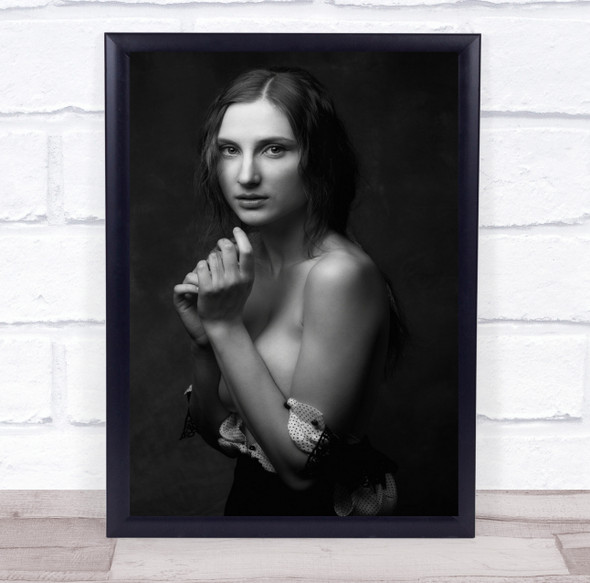 Topless woman arms up stare black and white Wall Art Print
