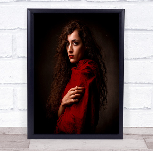 Woman red clothing side pose sad expression Wall Art Print