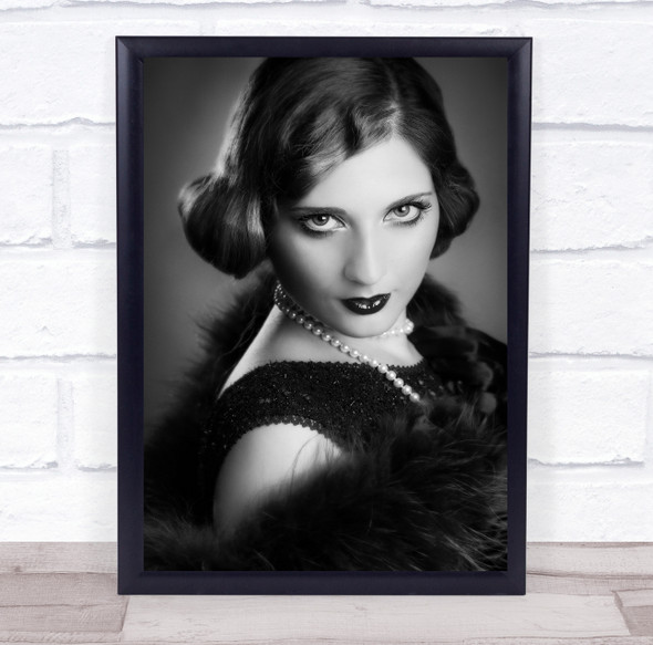 20's style woman posing pearl necklace fur Wall Art Print