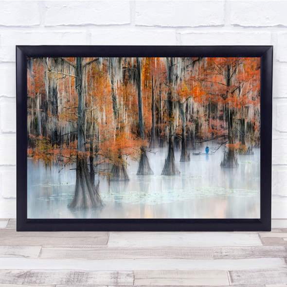 autumn orange lake water trees person boat Wall Art Print