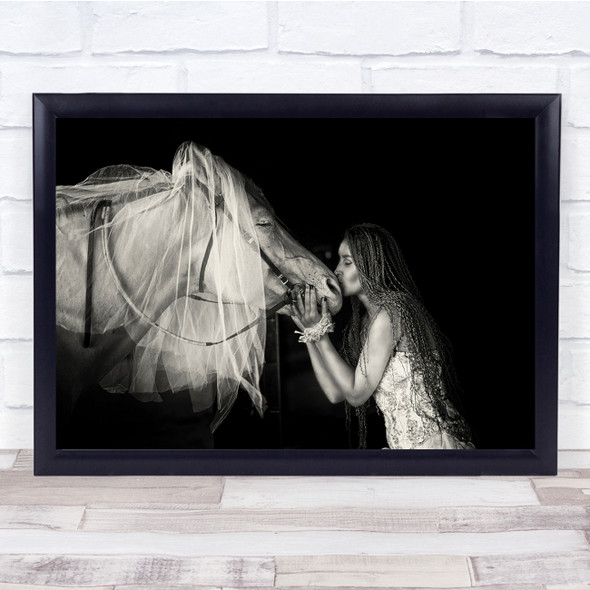 black and white horse portrait love nature Wall Art Print