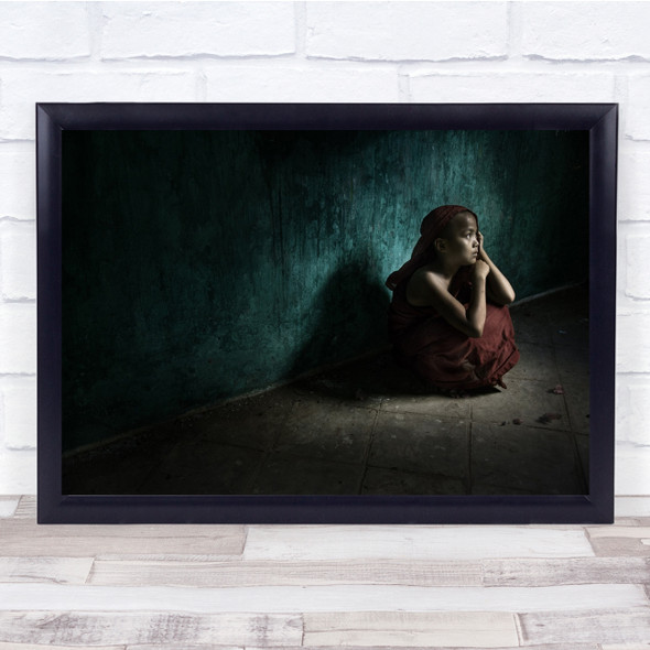 Contemplation Child floor Robes Green wall Wall Art Print