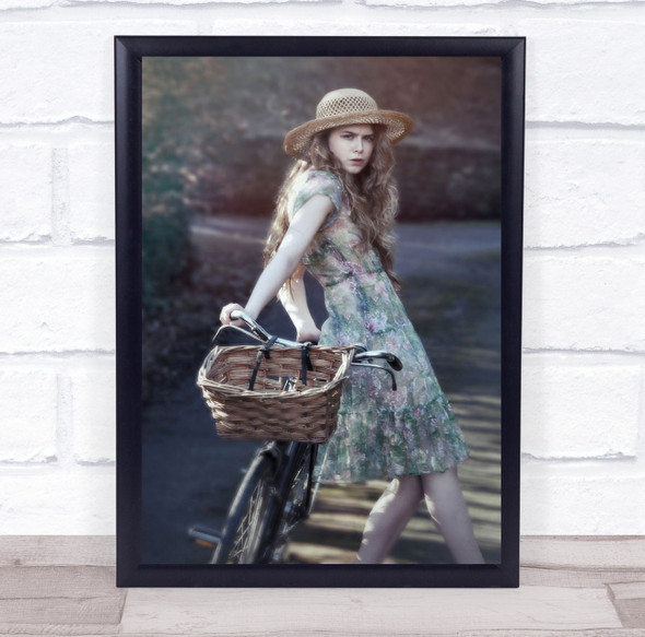 Jessica's Bicycle Woman floral dress pose Wall Art Print