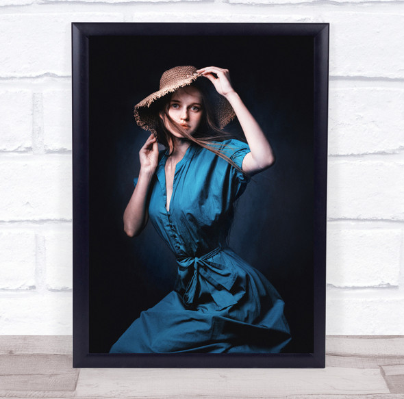 Natasha blue dress holding hat woman pose Wall Art Print