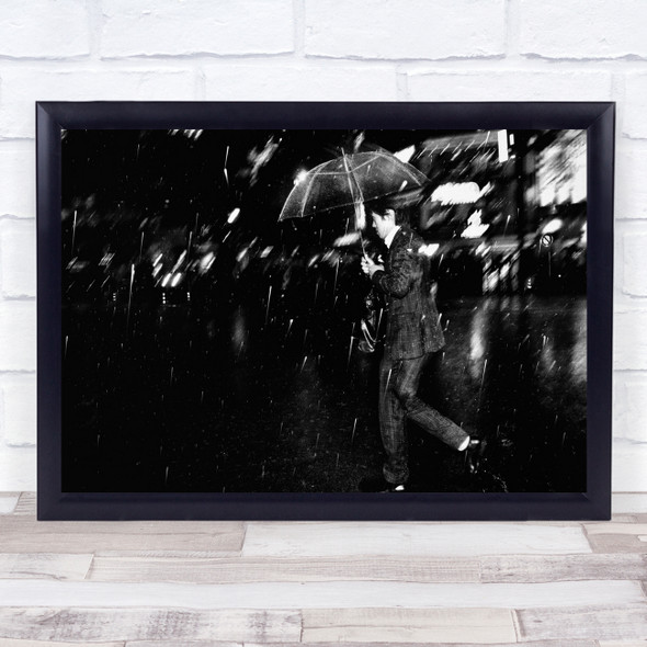 Rain man running umbrella black and white Wall Art Print