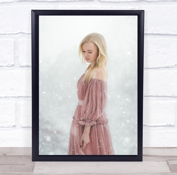 Snowy Winter days Pink dress blonde woman Wall Art Print