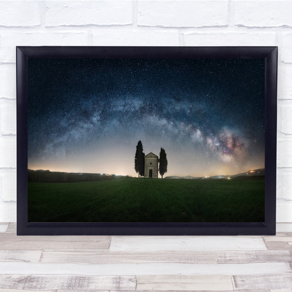 Starry Chapel Tree Field Galaxy Night Sky Wall Art Print