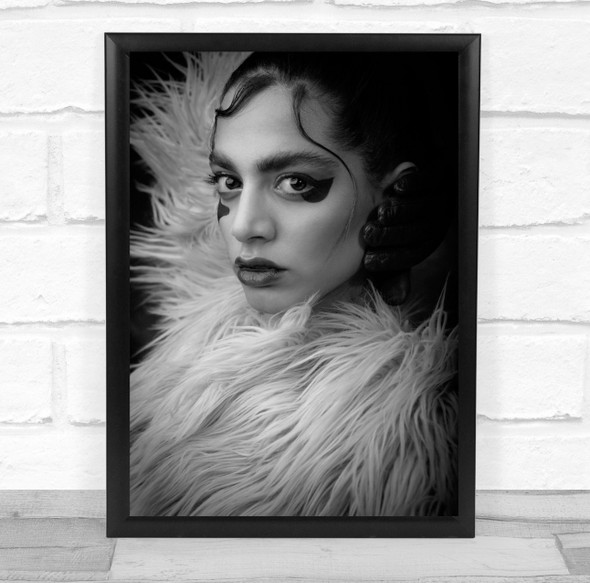 Woman black and white fur coat pose stare Wall Art Print