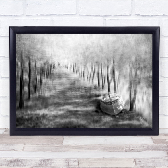 Black & White Blurry Stranded Boat Trees Wall Art Print