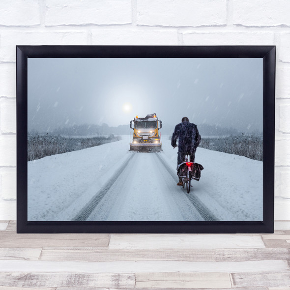 Now What man on bike snow plough vehicle Wall Art Print