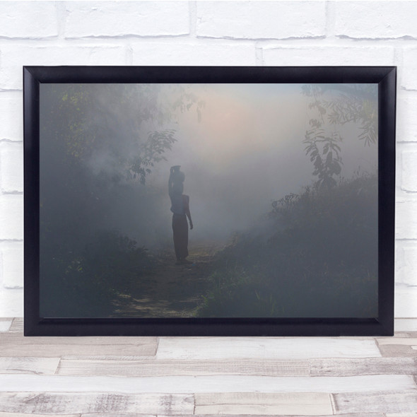 Person Walking Foggy Path Leaves Shadows Wall Art Print