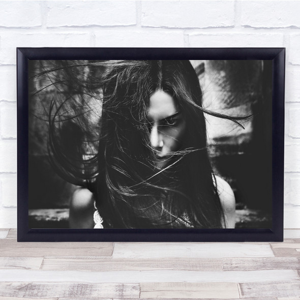 Woman scary Hair over face Wind close up Wall Art Print