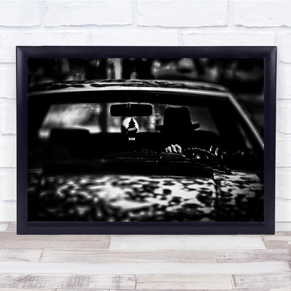 Black & White Shadow figure driving car Wall Art Print