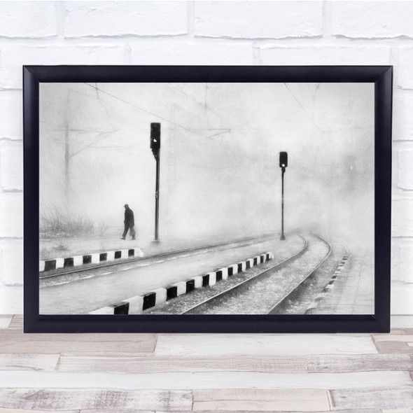 Black White Train Track Cold Fog Person Wall Art Print