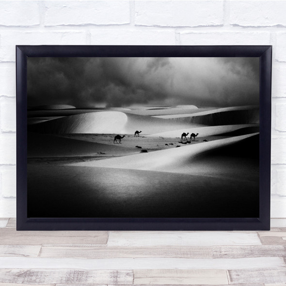 Desert Camels Sky Animals Black & White Wall Art Print