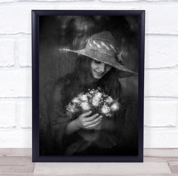 Flower large hat woman happy expression Wall Art Print