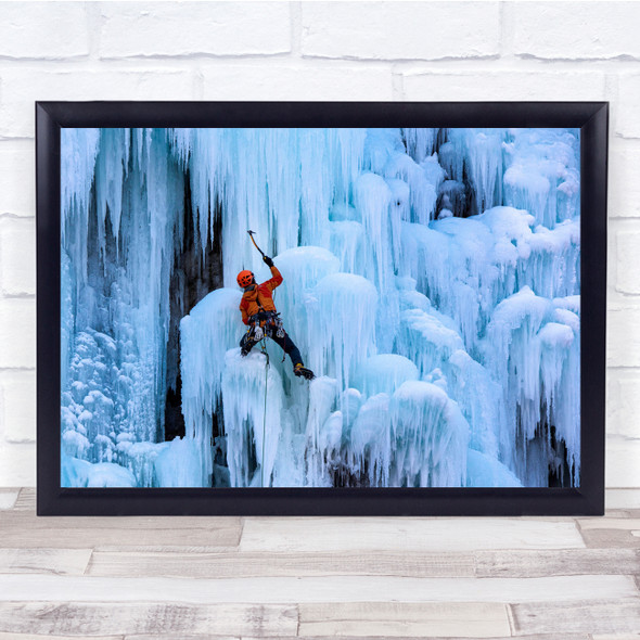 Landscape Ice Cliff Climbing orange man Wall Art Print