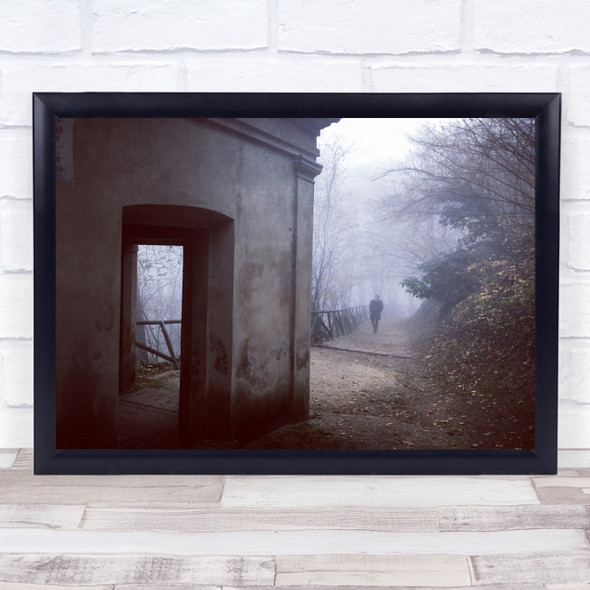 Lone Walk run down building trees foggy Wall Art Print