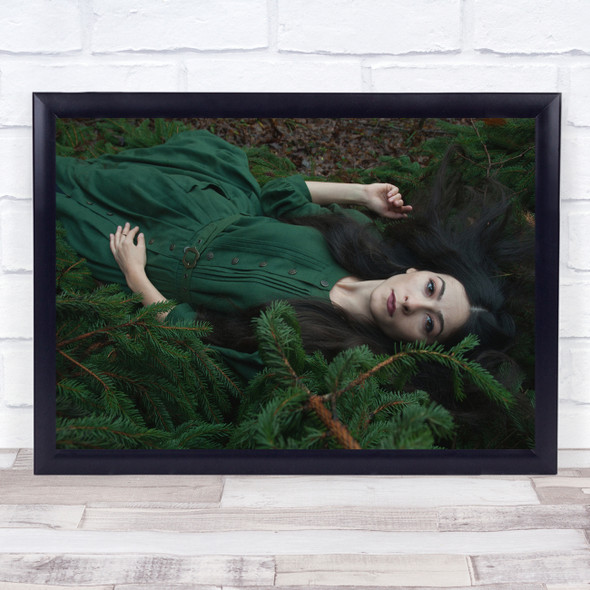 Lost In Green Woman dress laying forest Wall Art Print