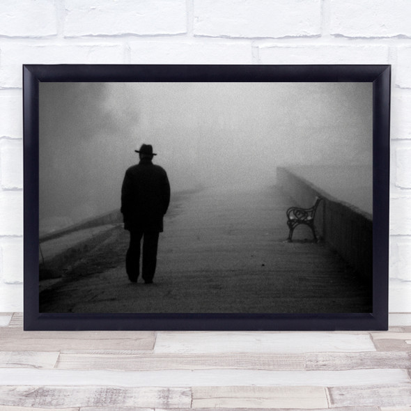 Man In Hat Mist Bench Black White Foggy Wall Art Print