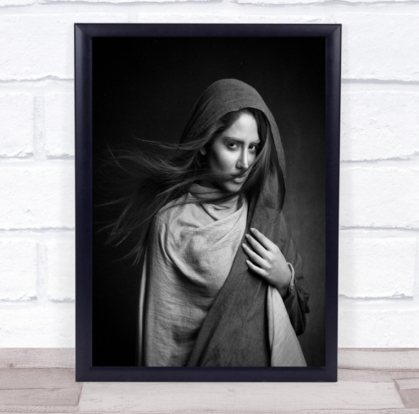 Woman robe black and white hair in wind Wall Art Print