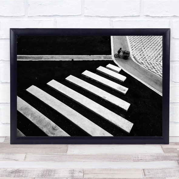 Black White Stairs Person Bike Deliver Wall Art Print