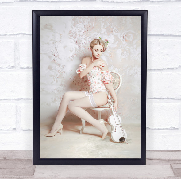 Bright Melody pink woman violin floral Wall Art Print