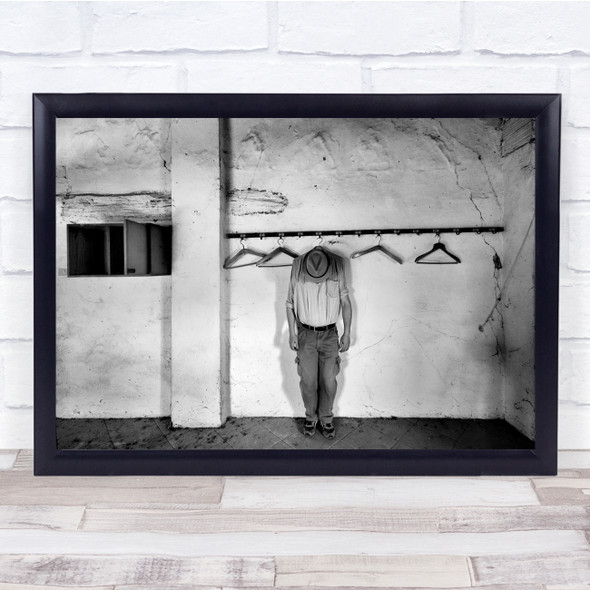 Man on coat hanger Hat black and white Wall Art Print