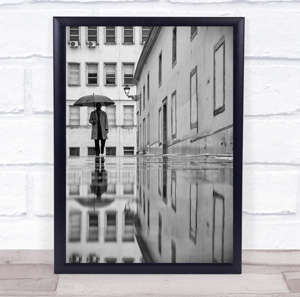 Man with umbrella reflection buildings Wall Art Print