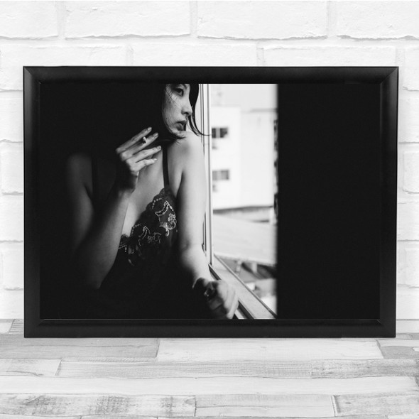 Model Woman Window Black & White Smoke Wall Art Print