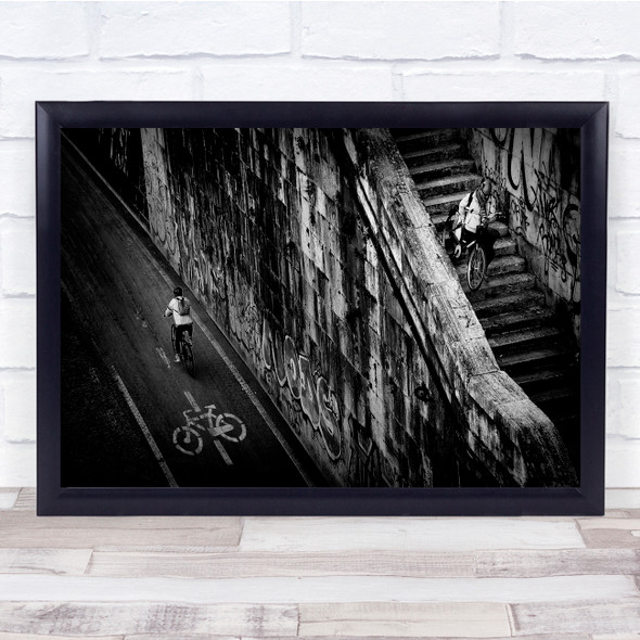 stairs cycle path people Black & White Wall Art Print