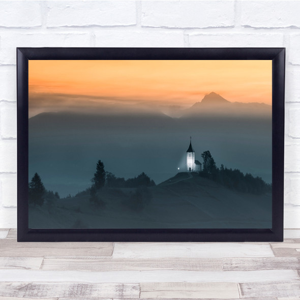 Sunset Landscape church trees mountain Wall Art Print