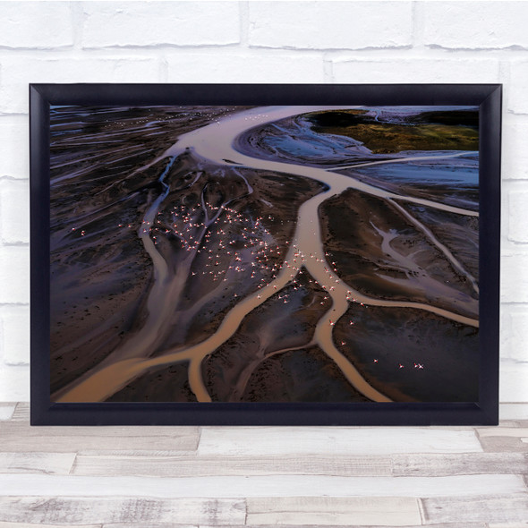 Landscape lake trail flamingos flying Wall Art Print