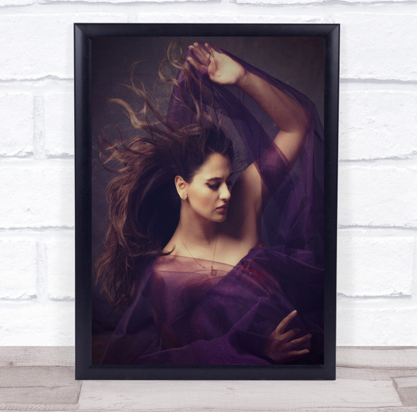 Purple veil long hair wind woman pose Wall Art Print