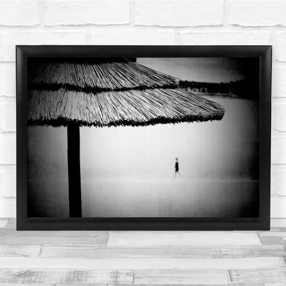 Riverside Umbrella Black White Person Wall Art Print