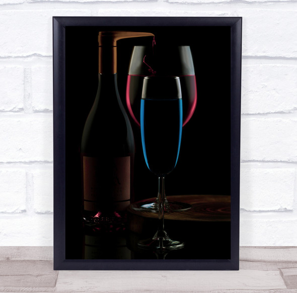 Wine glasses bottle dark red and blue Wall Art Print