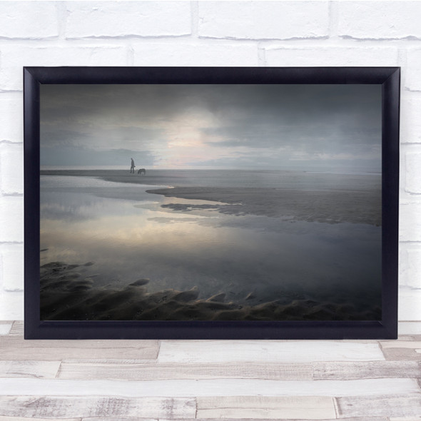 Beach Dog Man Coastal Landscape walk Wall Art Print