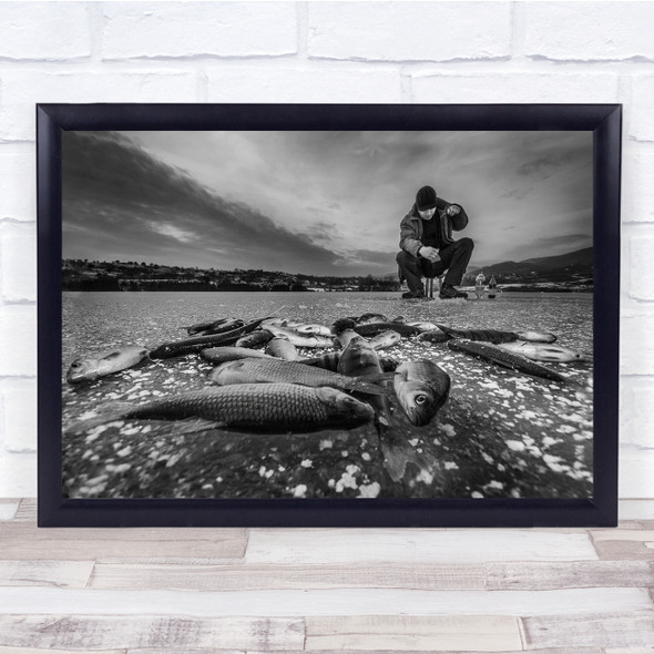 For Fish black and white man sitting Wall Art Print