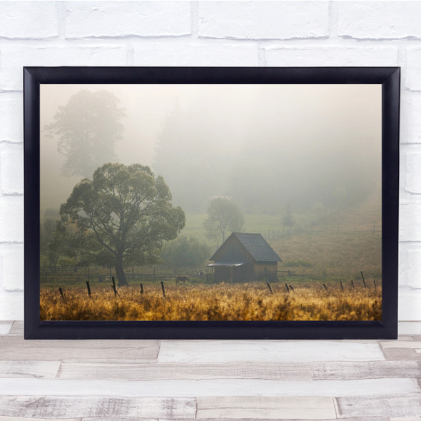 Morning Large tree House Field Foggy Wall Art Print